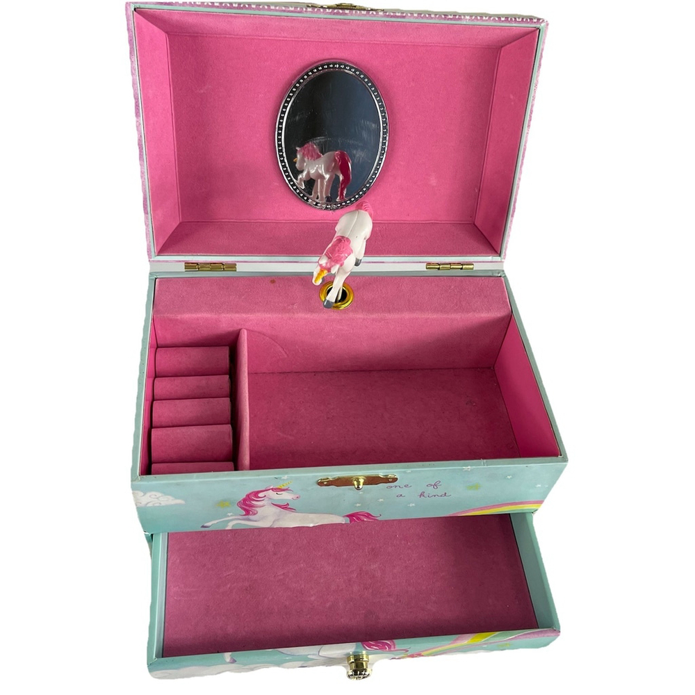 Jewelkeeper Girl's Musical Jewelry Storage Box ,Spinning Unicorn Rainbow Euc